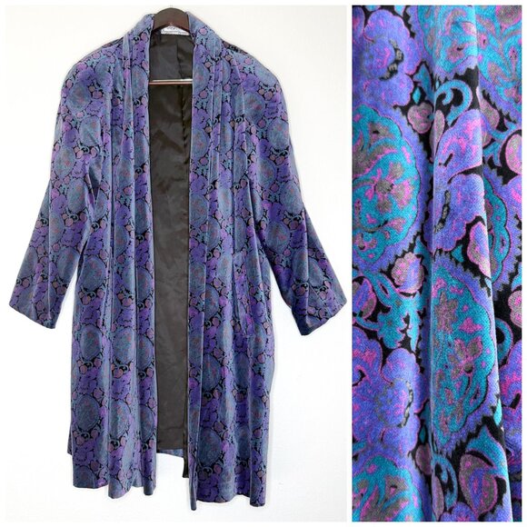 Vintage Velvet Swing Coat 80s Deadstock Gallery Woman Jewel Tone Printed | L/XL - Picture 1 of 10